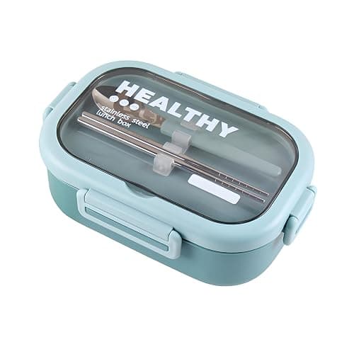 Ausenzup Stainless Steel Lunch Box, 2 Compartment Bento Box for Adults, Easy to Clean, Leak-Proof Design, Food Storage Container with Tableware for Family, Work, Picnics and Travel(850ml, Green) - Image 1