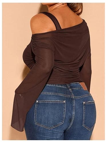 WDIRARA Women's Plus Size 2 in 1 Off Shoulder T Shirt Ruched Sheer Bell Long Sleeve Tee thumbnail 2