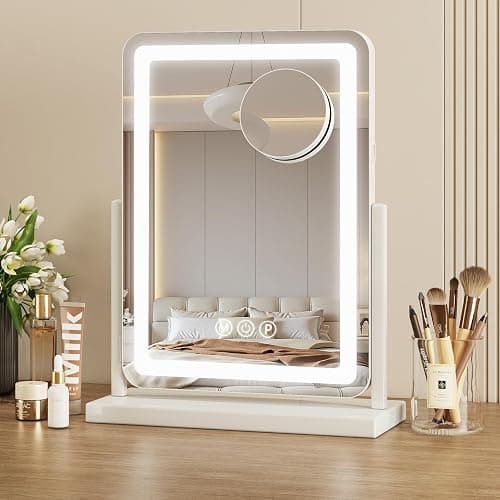 Suidia Vanity Mirror with Lights, 18"×14" LED Makeup Mirror with Light, Smart Touch with 3-Color Lighting, 360°Ratation for Vanity Desk Tabletop,White,Lamp Belt Style thumbnail 3