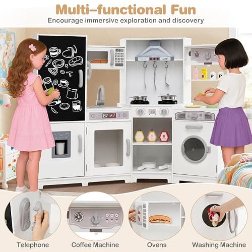HONEY JOY Corner Play Kitchen, Large Wooden Pretend Toy Kitchen Set w/Lights, Ice & Coffee Maker, Range Hood, Chalkboard, Microwave, Cookware, Little Chef Kids Kitchen Playset for Toddlers (White) thumbnail 4