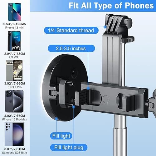 Selfie Stick Tripod with Fill Light, Phone Selfie Stick,Durable Stainless Steel Design,Bluetooth Remote Control,and Stable Three-Legged Support for Live Broadcasts,Video Shooting (Black) thumbnail 2