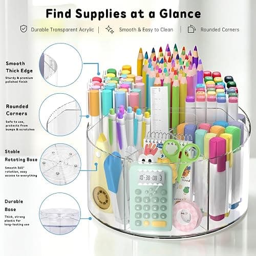 SUPEASY Acrylic Rotating Pencil Holder, 360° Clear Pen & Marker Organizer | Crayon Art Supply Organizer with 6 Compartments and Carry Handle for Desk, Home, Office, Classroom thumbnail 5
