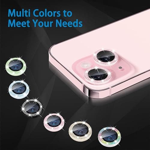 Hsefo Compatible with iPhone 15 & 15 Plus Camera Lens Protector, Bling Glitter 9H Tempered Glass Camera Cover Anti Scratch Shockproof Screen Protector Individual Metal Lens Ring - 2PCS Glitter Pink thumbnail 8