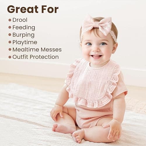Konssy Muslin Baby Bibs for Girls – Soft 100% Cotton Drool Bibs, Ruffle Trim for Newborns & Toddlers 0-36 Months 3-Pack thumbnail 3