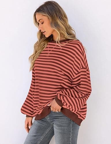 UEU Women Oversized Striped Crewneck Sweatshirt Long Sleeve Casual Pullover | Loose Fit Y2K Tops, Soft Sweatshirt Fabric, Color Block, Lounge Fall Streetwear, Workout Shirt thumbnail 2