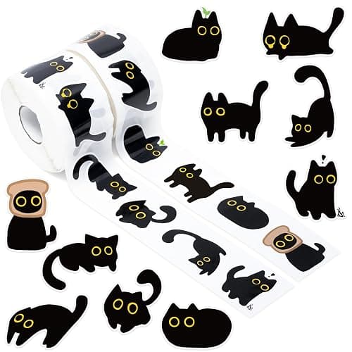 DSjuedui Black Cat Sticker Rolls - 1000Pcs Funny Cartoon Cat Meme 10 Style Stickers Gifts Pack for Kids Teen Adults, Cute Label Decals Crafts for Laptop Guitar Skateboard Home Decor School Rewards - Image 1