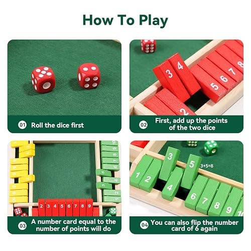 ZHITENG Shut The Box 4 Joueurs, Jeu de dés Jeu de Societe en Bois Classique avec 8 dés Jeux de Table en Bois Jouet de Rassemblement de la Famille, pour Salle de Classe Maison Fête ou Pub, Multicolore thumbnail 5
