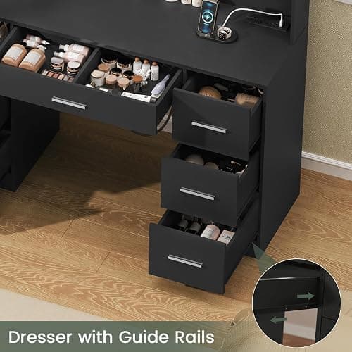Quimoo Large Vanity Desk with LED Lighted Mirror & Power Outlet,Makeup Vanity Table with 7 Drawers,4 Shelves and 5 Hooks,Vanity Table, Vanity Desk Set for Bedroom,Bathroom，Black thumbnail 8