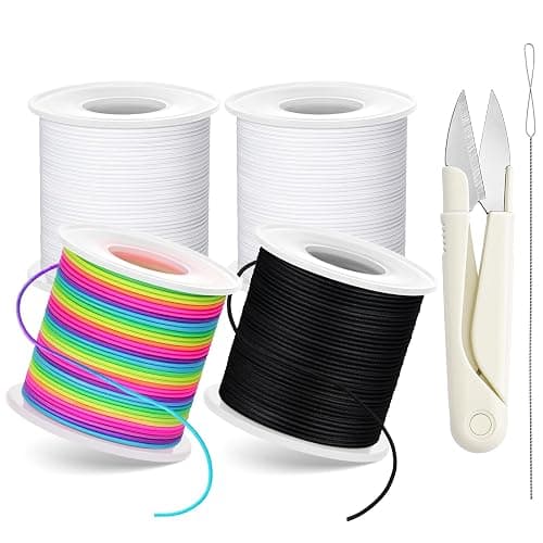 1 mm Stretchy Bracelet String with Scissors Beading Needle, 4 Rolls,660FT | Elastic String for DIY Crafts, Stretchy Cord for Jewelry Making Sewing Necklace Beading (Black, White, Rainbow) - Image 1