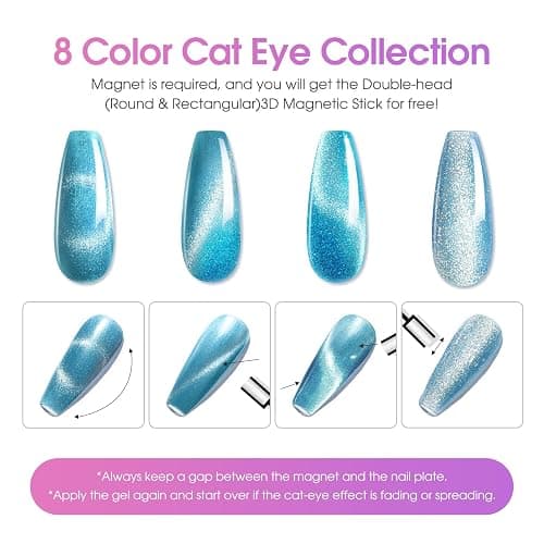 ROSALIND 8 Color Cat Eye Gel Nail Polish, Galaxy Red Purple Blue Cateye Gel | with Magnet Stick, Magnetic Cats eye Glitter Effect, Holographic catseye Collection, Soak Off UV LED Cured Gel Polish thumbnail 2