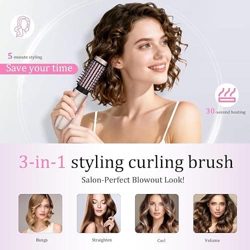 Cordless Hair Curling Iron Brush, Travel Curl Brush, 3-in-1 Portable Curling Iron Cordless, Plasma Thermal Hair Brush, 7000mAh USB Rechargeable Curlings Wand, Mini Hot Curlings Brush-Blush Pink thumbnail 4
