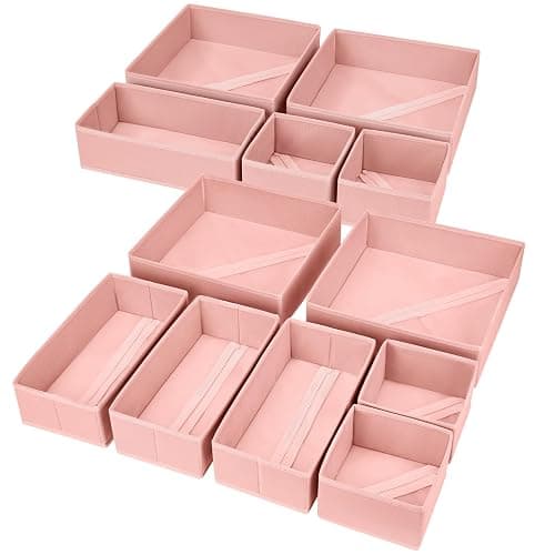 DIMJ Fabric Drawer Organizer Bins - 12 Pack Foldable Sock & Clothes Organizer - Pink - Image 1