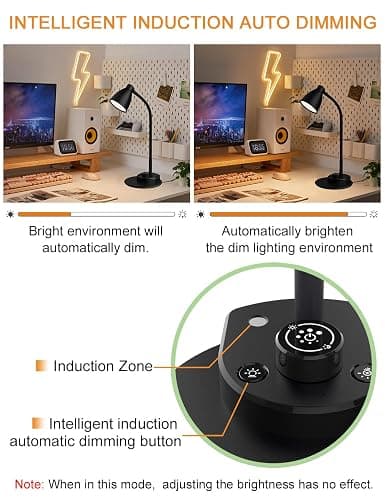 BOHON LED Desk Lamp with USB Charging Port 3 Color Modes Dimmable, Black | Reading Light Intelligent Induction Auto Dimming Task Lamp Neck Flexible Table Lamp for Bedside Office, AC Adapter Include thumbnail 5