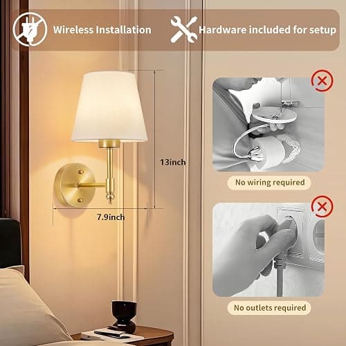 Battery Operated Wall Sconce Set of 2, Rechargeable Wireless Wall Lights | with fabric Lampshade, 5200mAh Dimmable Bulb with Remote,15 Colors Wireless Wall Lamps for Bedroom Living Room Hallway Decor thumbnail 3