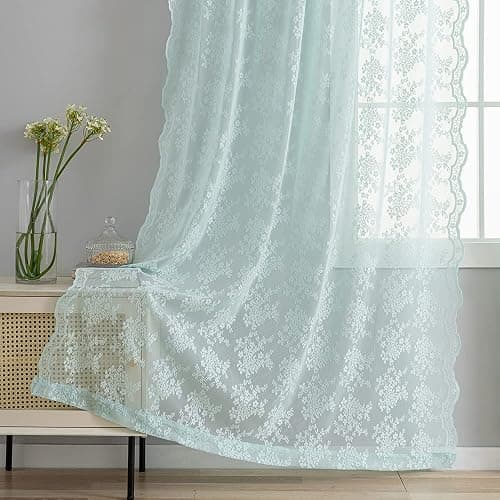 YJ YANJUN Vintage Lace Curtains 84 Inches Long-Victorian Floral Pattern Aqua Sheer Curtain Panels for Living Room Bedroom,Light Filtering, Memaid Beachy Drapes 2 Panels 52W x 84L Mint Green thumbnail 6