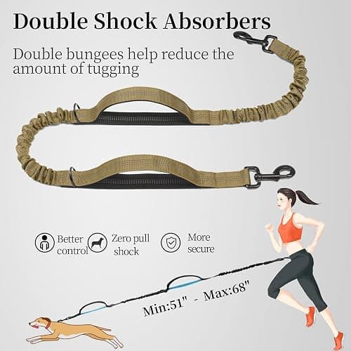 iYoShop Hands Free Dog Leash with Zipper Pouch, Dual Padded Handles and Durable Bungee for Walking, Jogging and Running Your Dog (Large, 25-120 lbs, Khaki) thumbnail 5