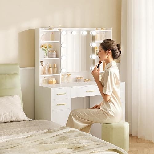 HEXCELEN 108 cm Coiffeuse avec Miroir et Lumières LED, Blanc | Luminosité Réglable, Tiroirs, Armoire et Étagères Ouverts, Table de Maquillage, Miroir avec Étagères Cachées thumbnail 8