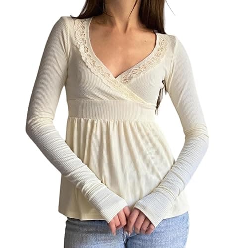 Y2k Long Sleeve V Neck Tops for Women Vintage Ribbed Top Fall Lace Trim Shirt Going Out Coquette Clothes - Image 1