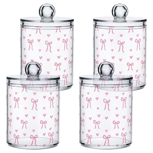 Gredecor 4 Pack Qtip Holder Clear Aesthetic Pink Ribbon Bow Apothecary Jars with Lids Acrylic Bathroom Jars Vanity Countertop Canister Storage Organizer for Cotton Ball,Swabs,Pads,Floss thumbnail 4