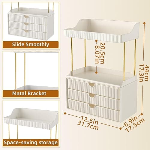 StorBin 3 Drawers Bathroom Counter Organizer - 5 Tier Makeup Organizer, Versatile Perfume Organizer, Ideal for Bathroom Storage, Vanity, Large Skincare, Perfume, Present, Cream White thumbnail 2