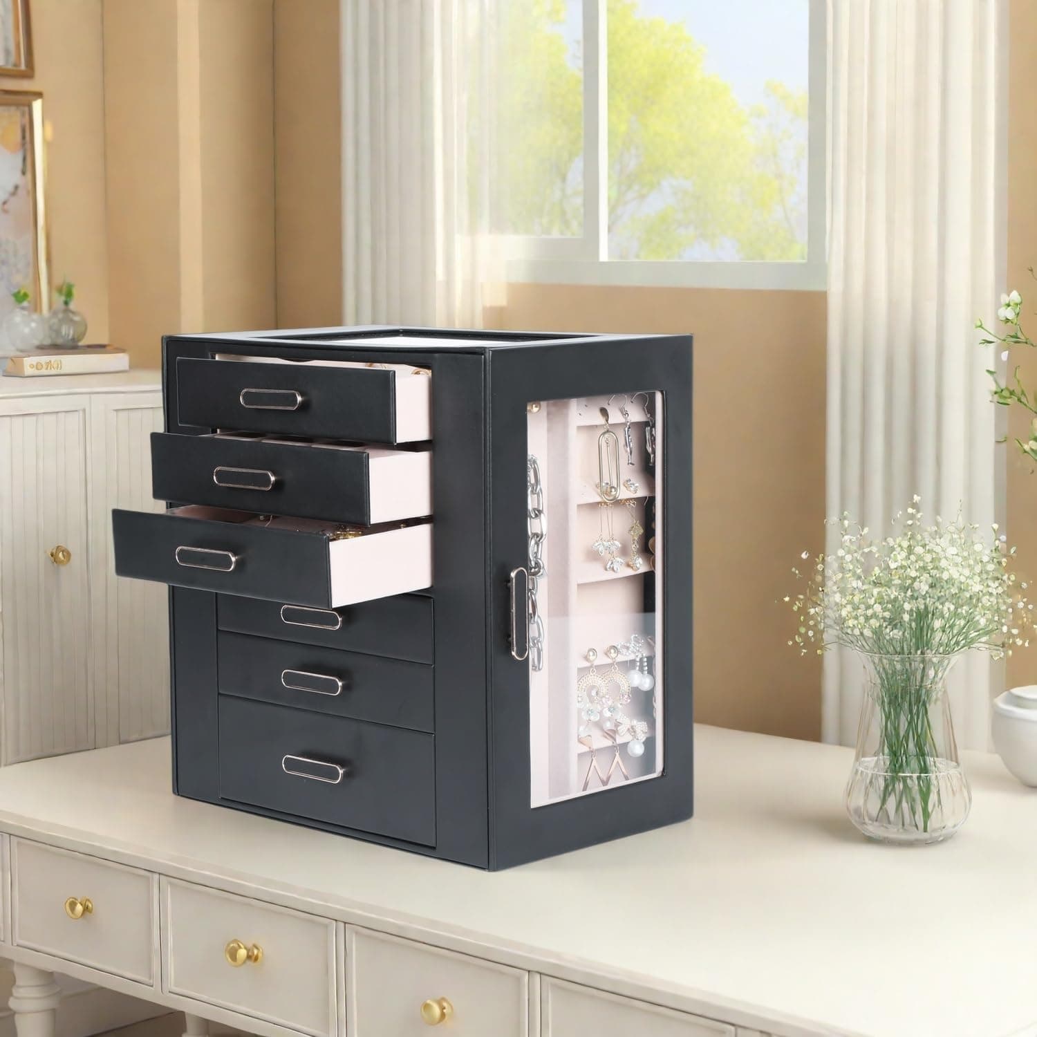 Jewelry Boxes for Women, 6 Layer Jewelry Organizer with Glass Lids, Jewelry Holder Organizer with 5 Drawers and 2 Glass Doors for Jewelry Storage, Big Jewelry Box for Womens Gift (Black) thumbnail 6