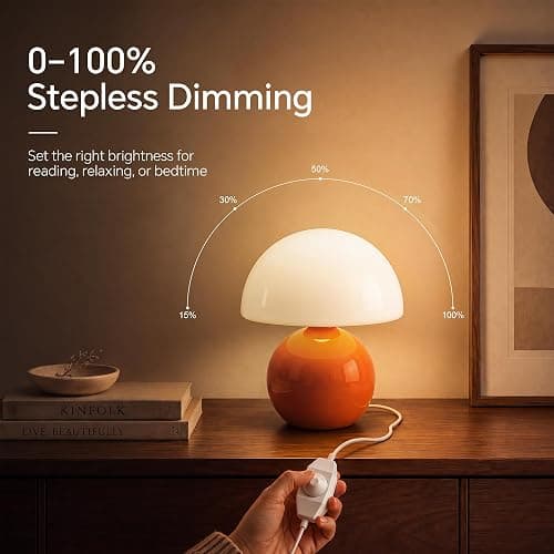 Dawnwake Mushroom Lamp Table Lamp for Bedroom-Small Desk Table Lamps,Orange | 8.7" Mid Century Modern Table Lamps for Living Room Bedroom Decor,Cute Ceramic Lamps for Mushroom Home Room Decor,Glass Shade thumbnail 9