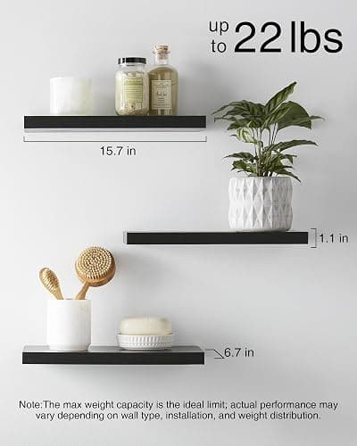 BAYKA Floating Shelves for Wall, Wall Mounted Rustic Wood Shelves for Bathroom, Bedroom, Living Room, Kitchen, Hanging Shelf for Books/Storage/Room Decor with 22lbs Capacity (Black, Set of 3, 15.7in) - Black - 15.7inches thumbnail 6