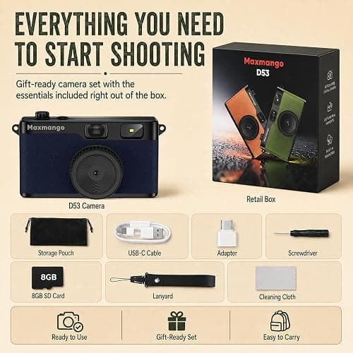Maxmango D53 Vintage Digital Camera - Screenless Vintage Camera Disposable Camera Replacement Includes 8GB SD Card-Blue thumbnail 7