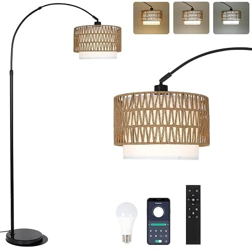 eyassi Arc Floor Lamp with Remote, Modern LED Floor Lamp with Dimmable Bulb, Boho Farmhouse Standing lamp with Fabric & Rattan Lampshades, Height Adjustable Black Tall Lamp for Living Room Bedroom - Image 1