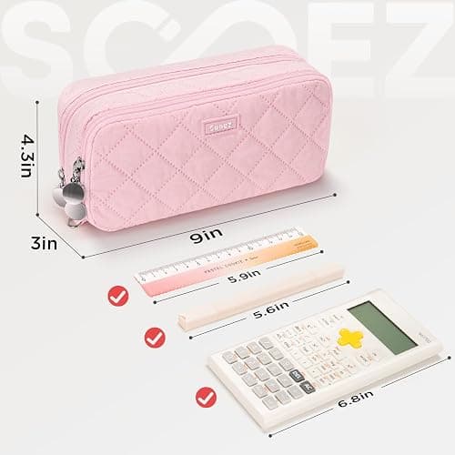 Sooez Large Pencil Case Pouch,Extra Big Pencil Bag with 8 Compartments,Pen Bag Wide Opening,Soft Quilted Pencil Pouch Organizer with Zipper,Portable Pencil Case for Teen Girls,Beige - Beige thumbnail 7