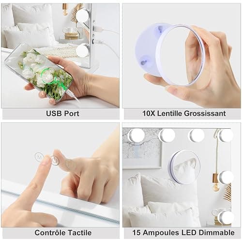 Dripex Miroir Maquillage Hollywood - 15 Ampoules LED, Lumineux 3 Modes, Luminosité Réglable, Contrôle Tactile, Port USB, Miroir Coiffeuse sur Table/sur Mur 58 x 45cm - Blanc thumbnail 3