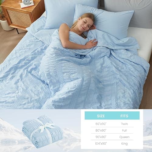 Cozy Bliss Seersucker Cooling Comforter Queen Size, Q-Max 0.45 Reversible Lightweight Cooling Blanket, Breathable Silk Smooth Summer Bedding Quilt for Hot Sleepers Night Sweats Cold Blue thumbnail 8