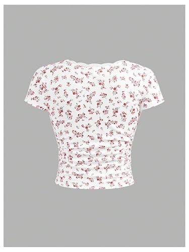 RoseSeek Girl's Ditsy Floral Print Lace T Shirt Short Sleeve Ribbed Ruched Cute Tee Shirts Summer Tops thumbnail 2
