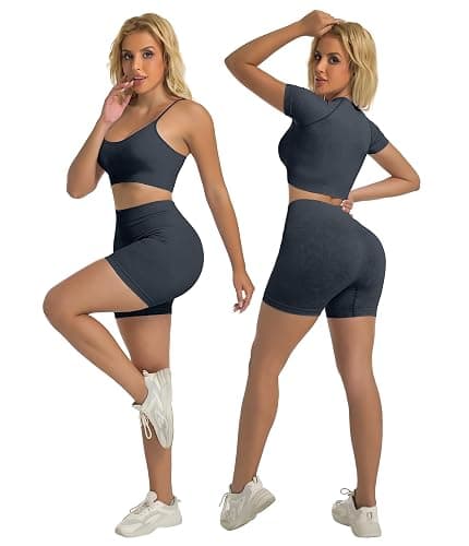 YOAKUKA Women's 4 Piece Workout Sets Seamless Acid Wash Tops Sports Bra High Waist Shorts Leggings Active Set thumbnail 2