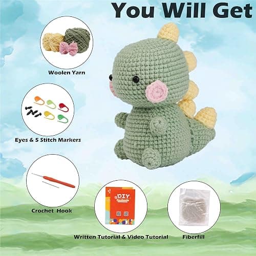 Lucydigla Crochet Kit for Beginners, Crochet Kit Step-by-Step Video Tutorials, Crochet Starter Kit Crochet Kits for Adults Kids Beginners, Crochet Animal Kit with Yarn(Light Green Dinosaur) thumbnail 2