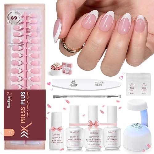 Beetles X Press Gel Nail Kit, Press On Nails Short Almond Kit with 224Pcs French Nail Tips Nail Glue & Remover Builder Top Coat Mini Nail Lamp All-in-One DIY Nail Kit Gift for Women - Image 1