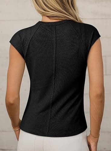 Sidefeel Womens Tops Casual Crewneck Cap Sleeve Tops Ribbed Raw Hem Summer T Shirts Slim Fit Basic Tees Blouses thumbnail 2
