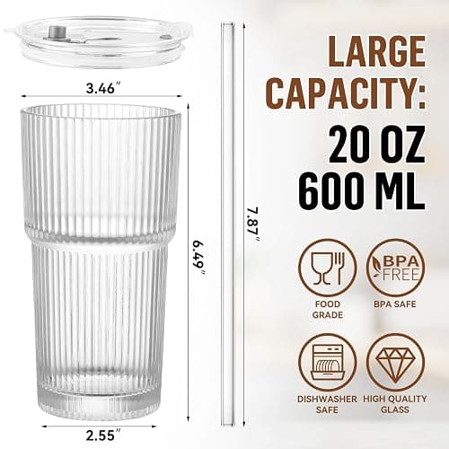 CWHHRN 20 oz Glass Cup with Lid and Straw, Glass Tumbler with Straw and Lid, Vintage Glassware for Whiskey Cocktail Beer, Iced Coffee Cups with Lid (1 PACK) thumbnail 3