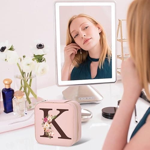 Christmas Gifts for Mom from Daughter Son, Personalized Birthday Giftware for Women, Mother Day Mom Gifts Small Travel Jewelry Box Travel Jewelry Organizer with Mirror, Initial K thumbnail 7