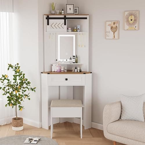 ARTETHYS Small Vanity Desk Set with Lights and Mirror Makeup Vanities with Drawers for Corner Space White Farmhouse Make up Dressing Table with Storage Stool for Bedroom - Image 1