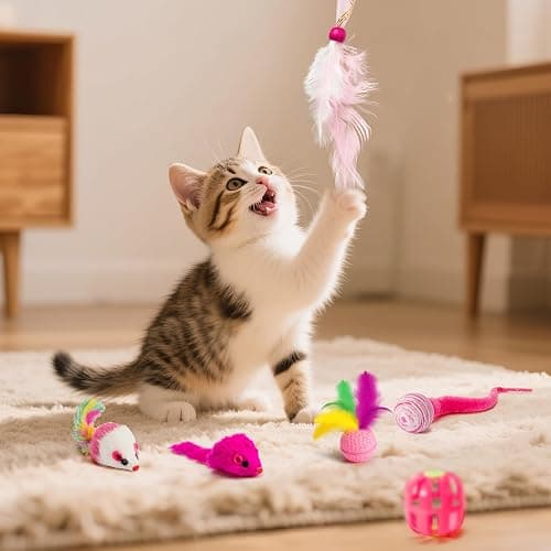MALLMALL6 Cat Interactive Toys Set - 27Pcs Kitten Toys Stuff Pink Feather Teaser Wand Springs Mice Sisal Fish Crinkle Balls Bell Balls, Puzzle Gift Pack for Indoor Kitty Play Exercise thumbnail 3