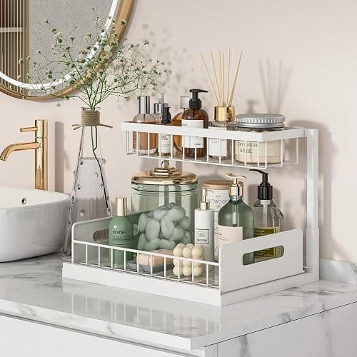 REALINN Under Sink Organizer, Pull Out Cabinet Organizer 2 Tier Slide Out Sink Shelf Cabinet Storage Shelves, Storage for Kitchen Bathroom, White, 2 Pack thumbnail 3