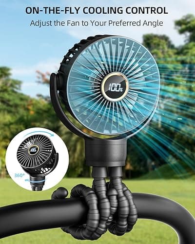 Portable Stroller Mini Fan, Small Rechargeable Personal Fan, Baby Travel Essentials for Wagon, Car Seat, Treadmill, Battery Powered Biking Gear Accessories, 360° Rotation, 3-Speed, Display, Black - Black - Classic thumbnail 2