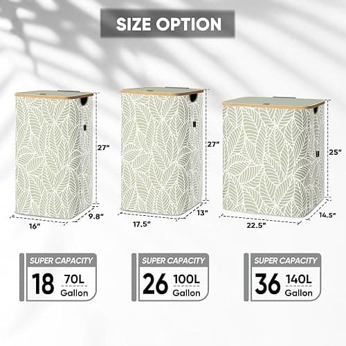 BALEINE Laundry Hamper with Lid, Tall Laundry Baskets with Bamboo Pull Handles, Large Laundry Bin with Internal Support (18 Gal/70L, Antique Foliage) thumbnail 2