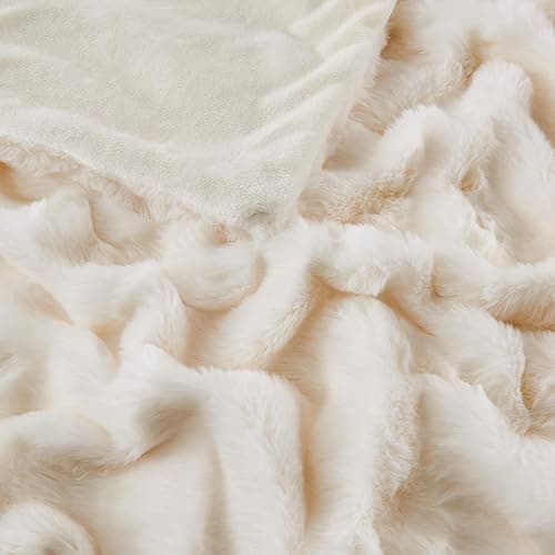 Jeyfull Fluffy Luxury Faux Rabbit Fur Throw Blanket - Cozy Fuzzy Plush - Thick Warm Decorative - Queen Size 90''x90'', Cream White thumbnail 5