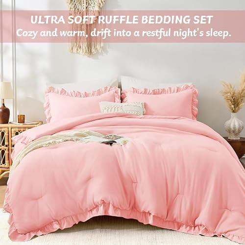 FUANNA Pink Queen Comforter Set, 3 Pieces Ruffle Queen Bed Set, Fluffy Bed in a Bag Queen for All Seasons, Shabby Chic Bedding Comforter Sets with 1 Lightweight Comforter & 2 Pillowshams thumbnail 5