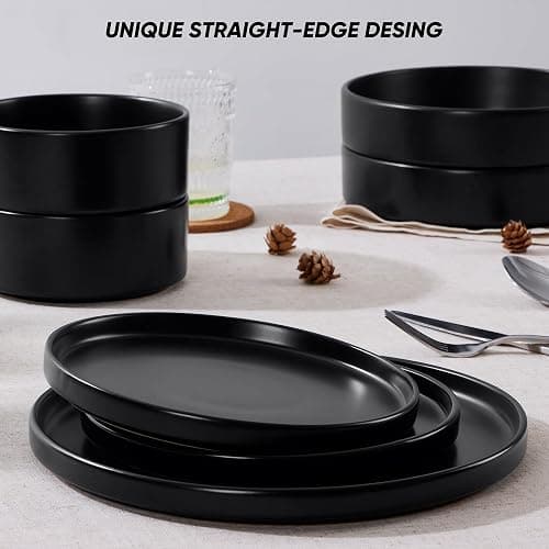 E-far Black Dinnerware Sets with Pasta Bowls, 24-Piece Stoneware Plates and Bowls Sets for 6 | Microwave & Dishwasher Safe Kitchen Modern Dish Set, Matte Black thumbnail 5