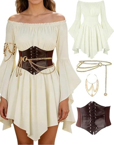SVMVVGW Renaissance Costume Women Pirate outfit Ren Faire Dress Off Shoulder Bell Sleeve Arm chain Waist Belt waist chain - Image 1
