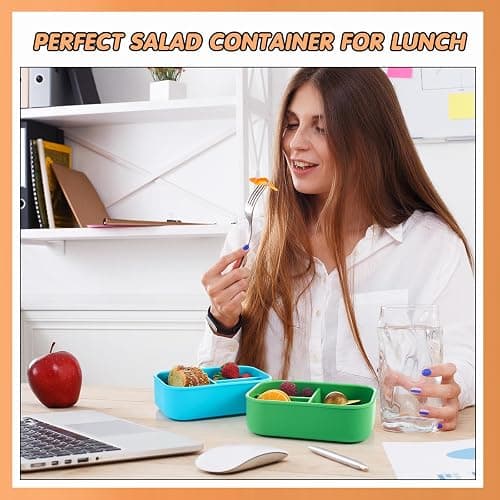 Layhit 4 Pcs Silicone Bento Box for Adults, 27 oz Bento Lunch Container Reusable Food Container for Women Men, Leak Proof Microwave Dishwasher Freezer Safe (3 Compartments,Bright Colors) thumbnail 2