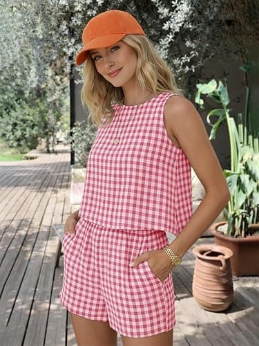 IDEALSANXUN Womens Two Piece Sets Summer Beach Spring Gingham Tank Tops and Plaid Shorts Pajama Sets thumbnail 4